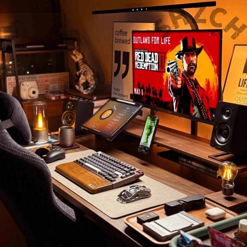 Desk Setup Laptop And Monitor - Модульная подставка для монитора из орехового